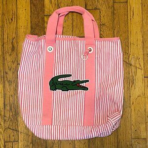 Lacoste Pink & White Stripped Terry Cloth Tote Bag with Alligator Logo Applique